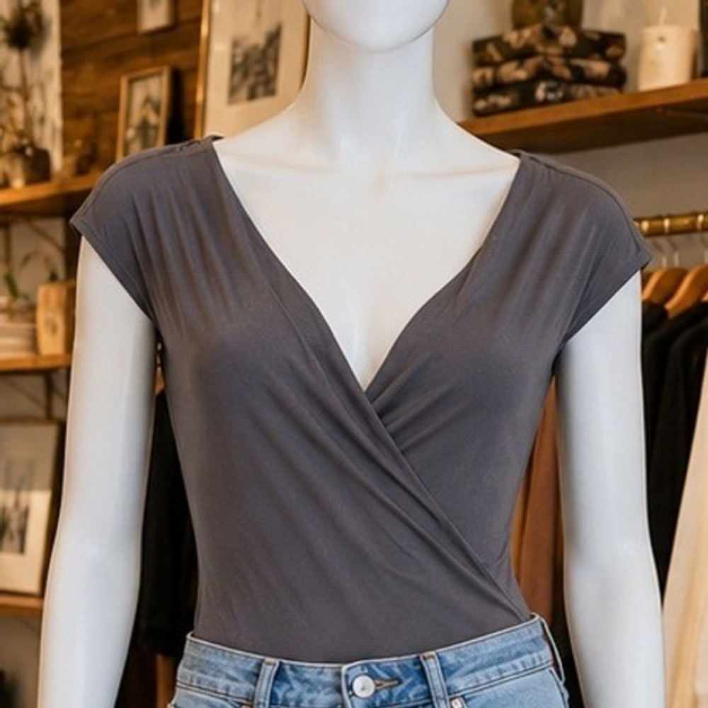 H&M Womens Bodysuit Dark Gray Deep V-Neck Cap Sleeve XS
